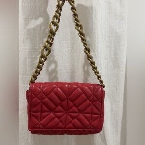 Zara Red Quilted Shoulder Bag with Gold Chain